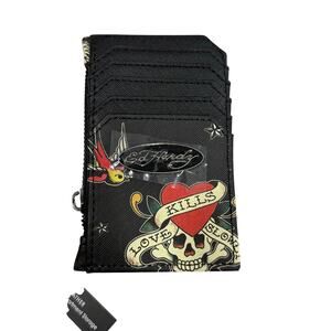 Ed Hardy Love Kills Slowly Card Holder Wallet Black Tattoo Print Zip Pouch